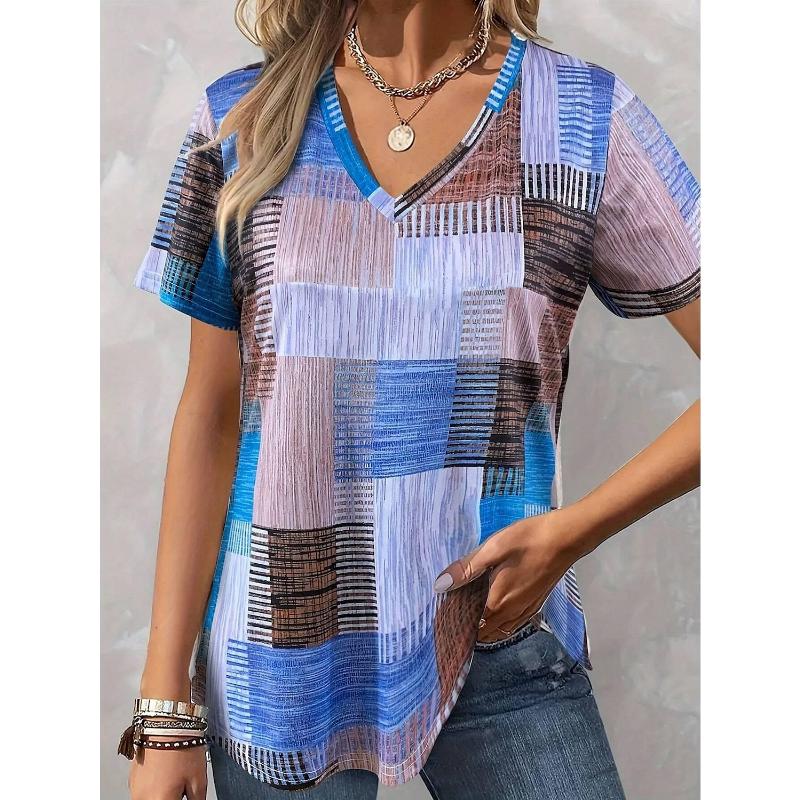 Fashion Women's V-Neck Short Sleeve 3D Casual Color Printing Casual Short Sleeve V-Neck T-Shirt