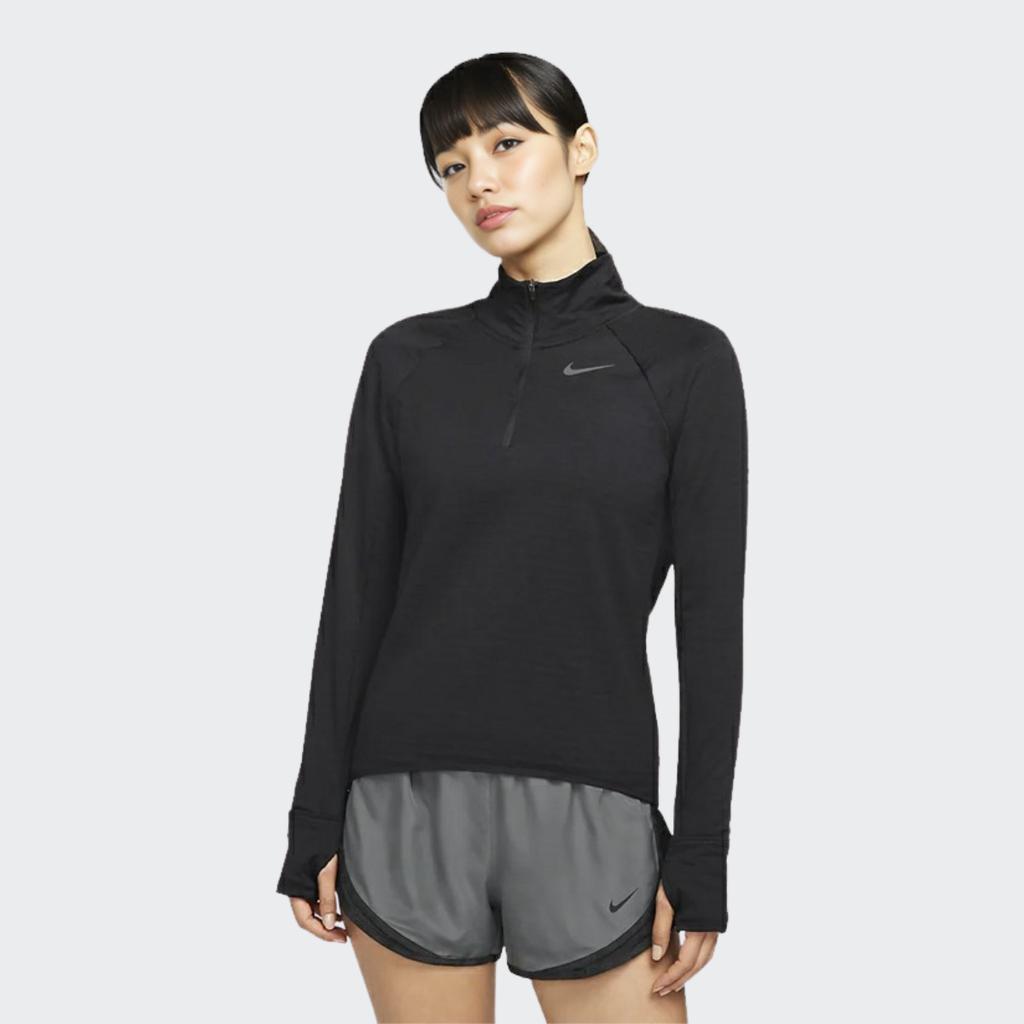 Nike Logo Print Sports Quick-Dry Running Casual Fleece Warm Half-Zip Stand Collar Long Sleeve Raglan T-Shirt Women Tops Black DD6800-010