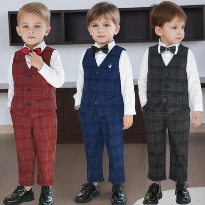 Zestaw kamizelki dziecięcej Wiosna Nowa Moda Kraciasty Styl Brytyjski Strój na Występ Gospodarza Garnitur Ślubny dla Chłopca z Kwiatami Ubrania Formalne na Urodziny Dziecka