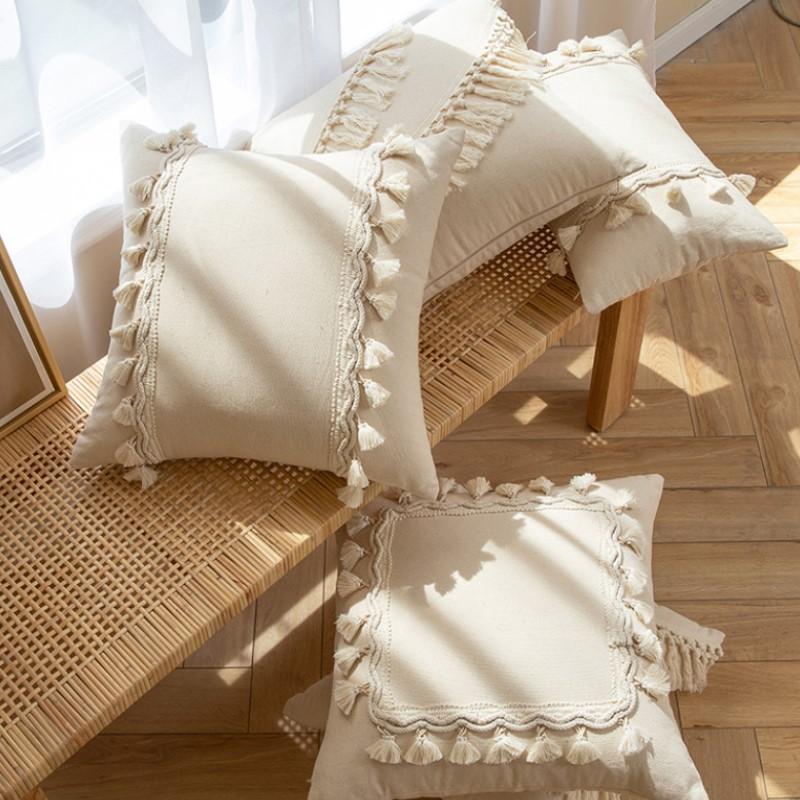30x50cm 45x45cm Tassel White Throw Pillow Cover Cotton Linen Farmhouse Lumbar Pillowcase Indoor Outdoor Decorative Cushion Cover
