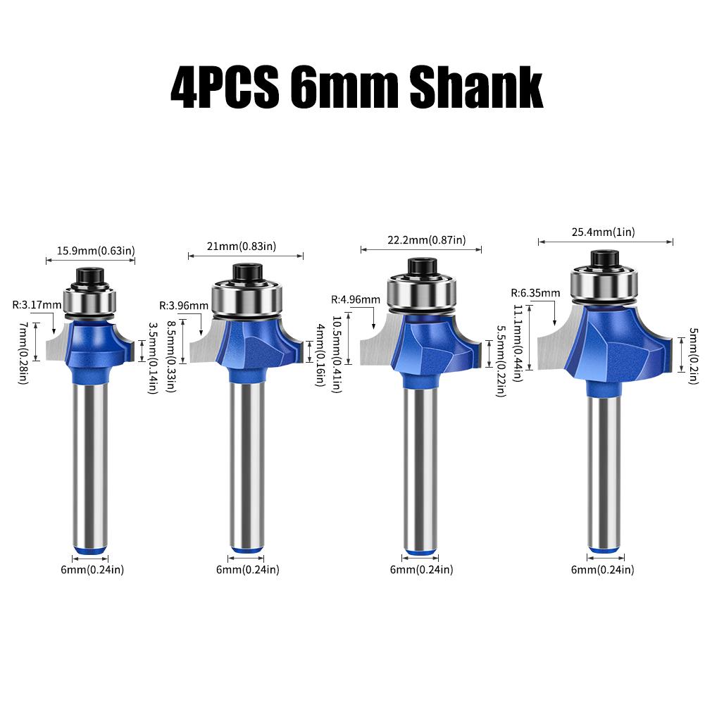 1/4 Inch Shank 6mm Shank Blue Roundover Router Bit Set Carbide Wood Router Bits for Woodworking