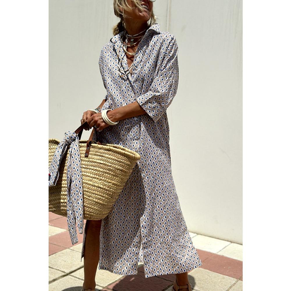 

Осіннє плаття-сорочка з довгим рукавом Елегантний пояс Довге плаття для жінок 2025 Модний принт Ґудзики Лацканний комір Повсякденні сукні Плаття для жінок L сірий