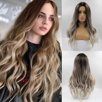 Lange braun-blonde Ombre-Perücke, natürlich gewellt, hochwertige synthetische Perücken für Frauen, mittlerer Teil, hitzebeständiges Haar für die tägliche Party