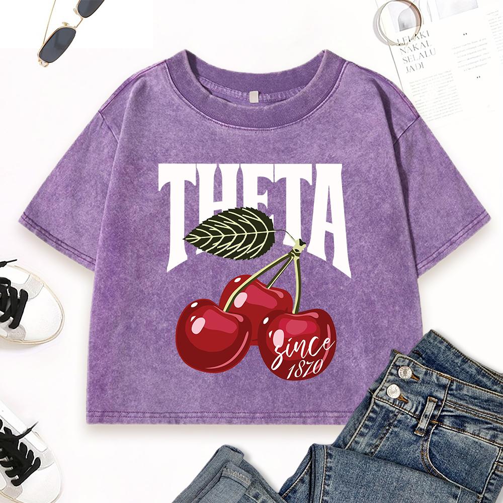 Theta Cherry Since 1870 Printed Womens Washed T Shirt Cotton Soft Crewneck Tops Summer Slim Streetwear