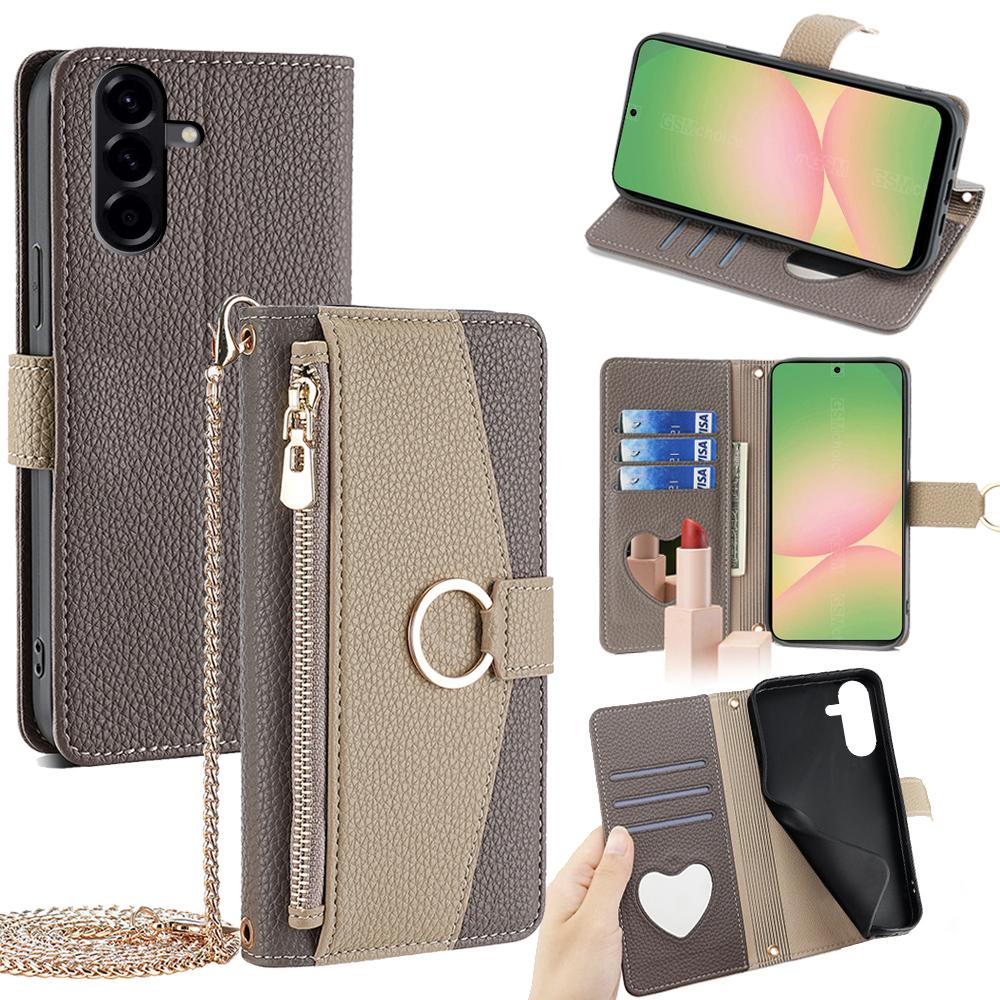 For Samsung Galaxy A56 5G Case Mirror Wallet Leather Phone Cover with Chain Shoulder Strap