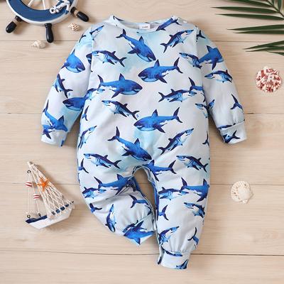 1-24 Months Baby Boy Cute Shark All-over Print Jumpsuit Long Sleeve Romper