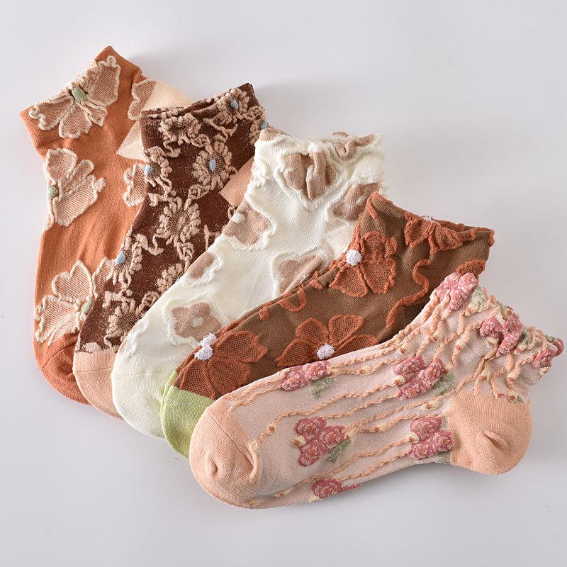 5 Paar Sommer Damen Socken Shree-Dimensional Relief Kurze Socken Flache Bootssocken Retro Stil