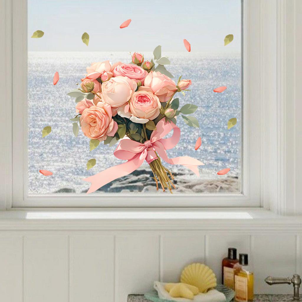 Pink Rose Bouquet Static Cling Stickers, Removable Kitchen Living Room Home Decor Decals