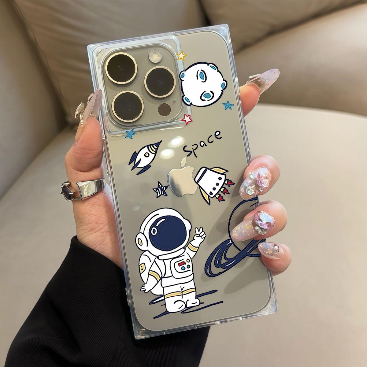 

Прозрачный чехол с квадратной задней защитой для трубки для iPhone 11 14 Pro Max 13 15 Plus 12 16 ProMax, защита от кислорода, чехол с рисунком ракеты и космонавта iphone 11 ProMax