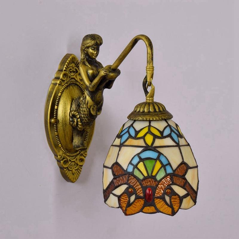 European Stained Glass Mermaid Wall Lamp Bedroom Bedside Lamp Retro Creative Dining Room Balcony Aisle Staircase Light