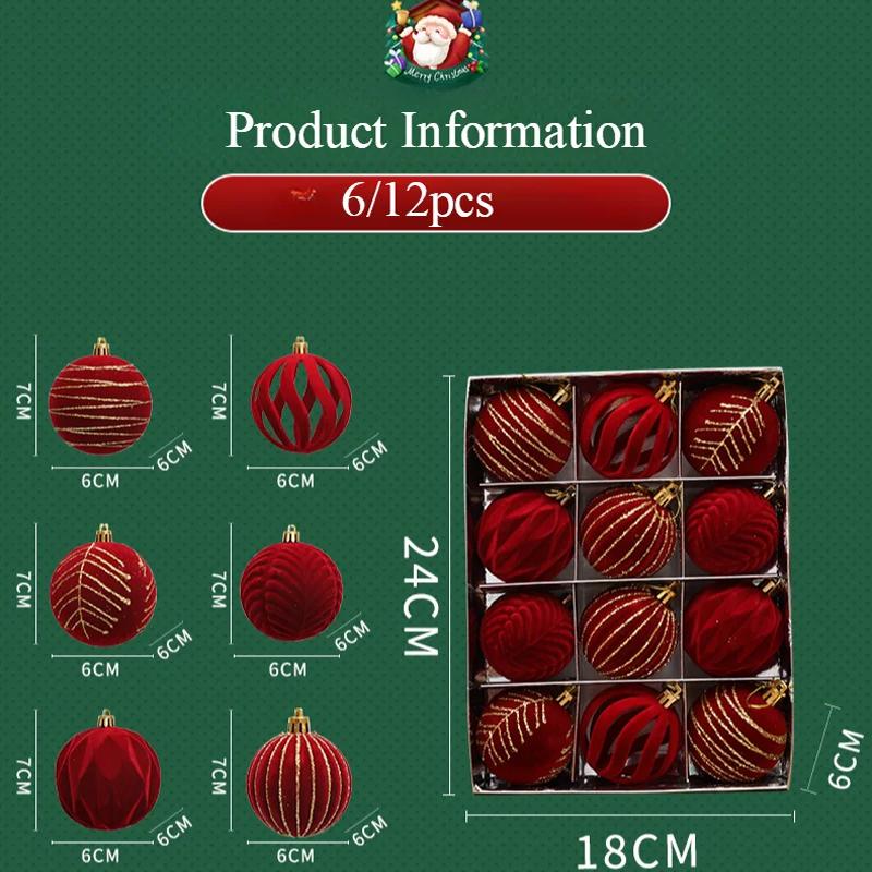 6/12pcs 6cm Wine Red Christmas Ball Ornaments Christmas Tree Party Decoration New Year Christmas Spheres Pendant Velvet Balls