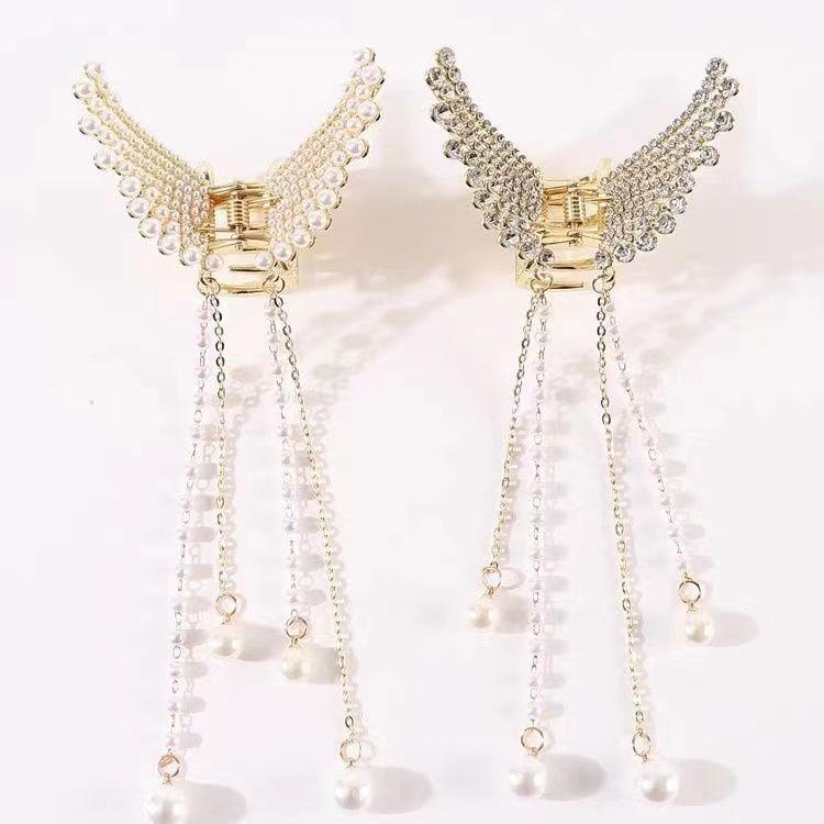 Chinese Butterfly Pearl Tassel Hair Clip with Rhinestones
