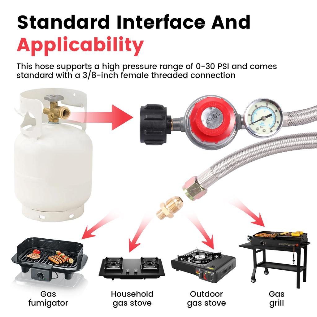 Propane Regulator Stainless Steel Brass Propane Regulator Adjustable Heat Resistant Gas Grill Regulator Hose for Camping Stove