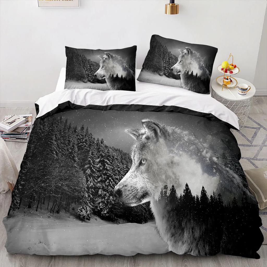 Wolf Duvet Cover King Queen Size Cool One-Eyed Lone Wolf Bedding Set For Teens Adults Wild Animal 2/3Pcs Polyester Quilt Cover