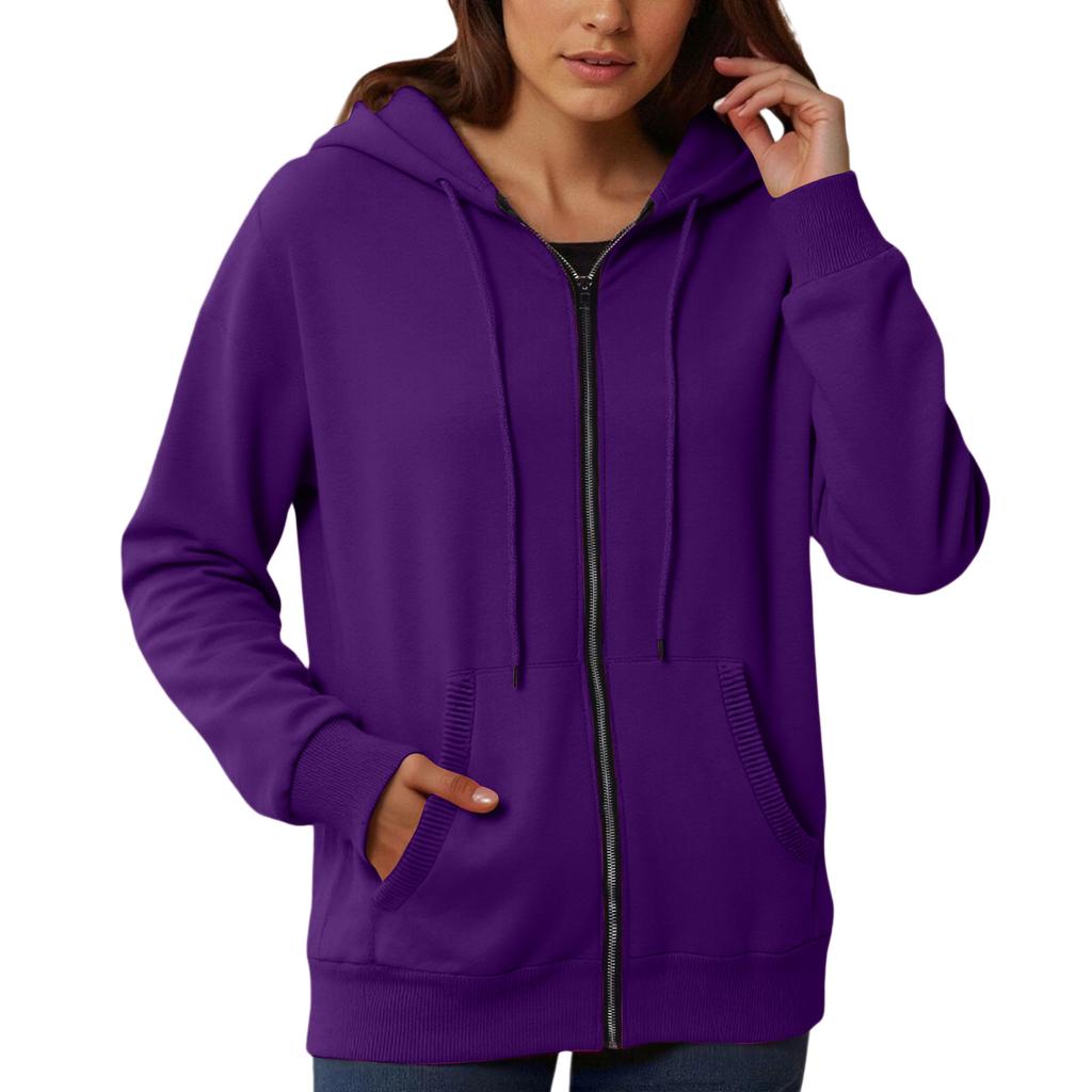 Women's Loose And Comfortable Zipper V-neck Long Sleeved Solid Color Pullover Sweatshirt Jacket