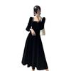 Square collar French gold edge velvet dress women's autumn new retro Hepburn style inner black evening dress long dress