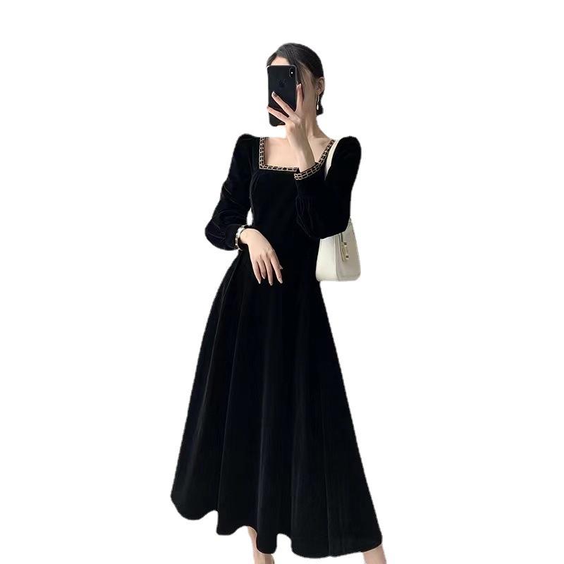 Square collar French gold edge velvet dress women's autumn new retro Hepburn style inner black evening dress long dress