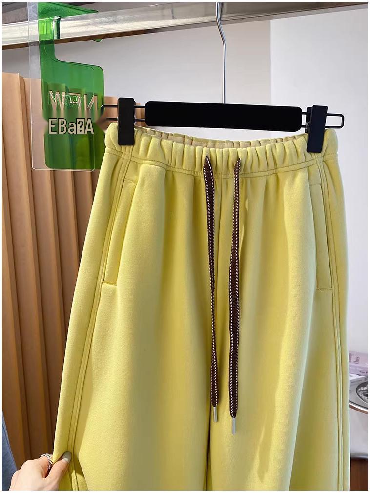 Women's Yellow Fleece-Lined Joggers - Korean Style, Loose Fit, Autumn/Winter 2025 Harem Pants