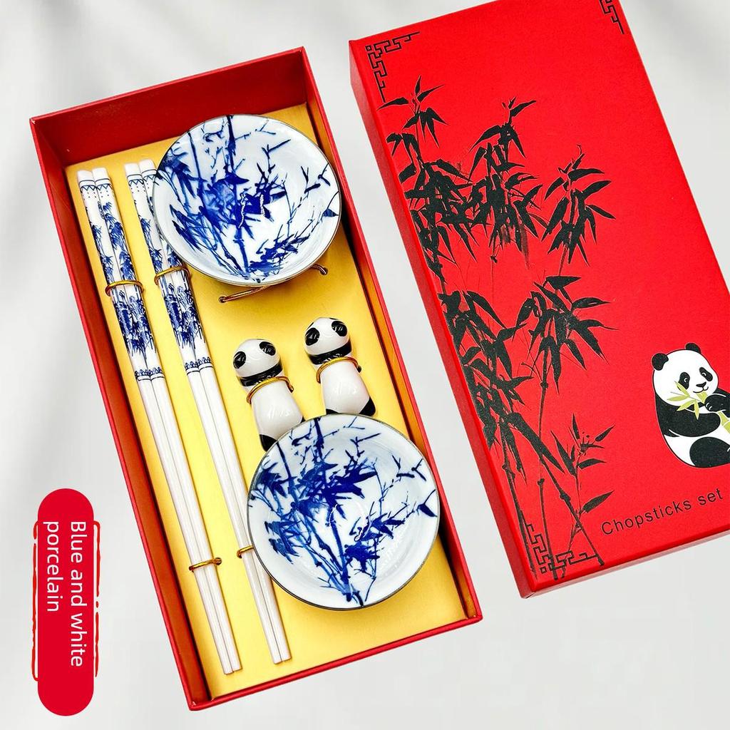 Traditional Blue & White Porcelain Tea Bowl and Chopsticks Gift Set - Classic Jingdezhen Style Souvenirs