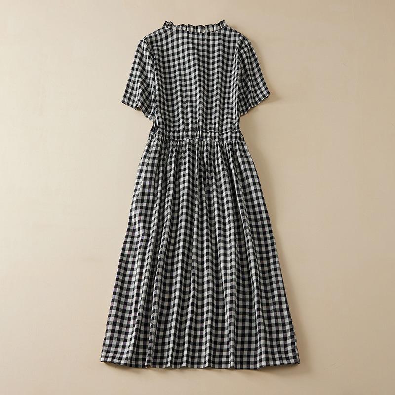 Cămașă de vară din bumbac cânepă artă retro largă cu cravată în talie, rochie de lungime medie pentru femei