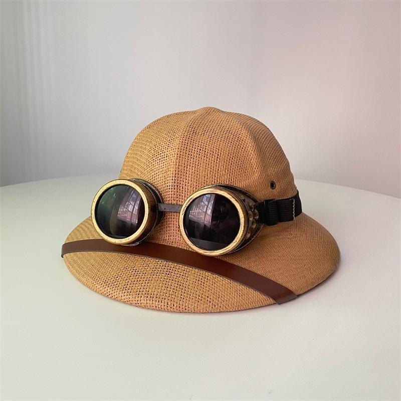 Neue Schutzbrille Steampunk-Hut Outdoor-Entdecker Schutzhelm Große Größe Sonnenschutz Vietnamesischer Reit-Korkstrohhut 52 56cm brown