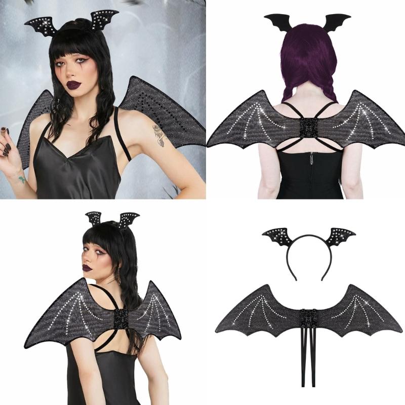 Halloween Wing Bats Wing with Headwear Set Vampires Costume Wing Bats Ears Headband Black Wing for Fancy Dress Parties