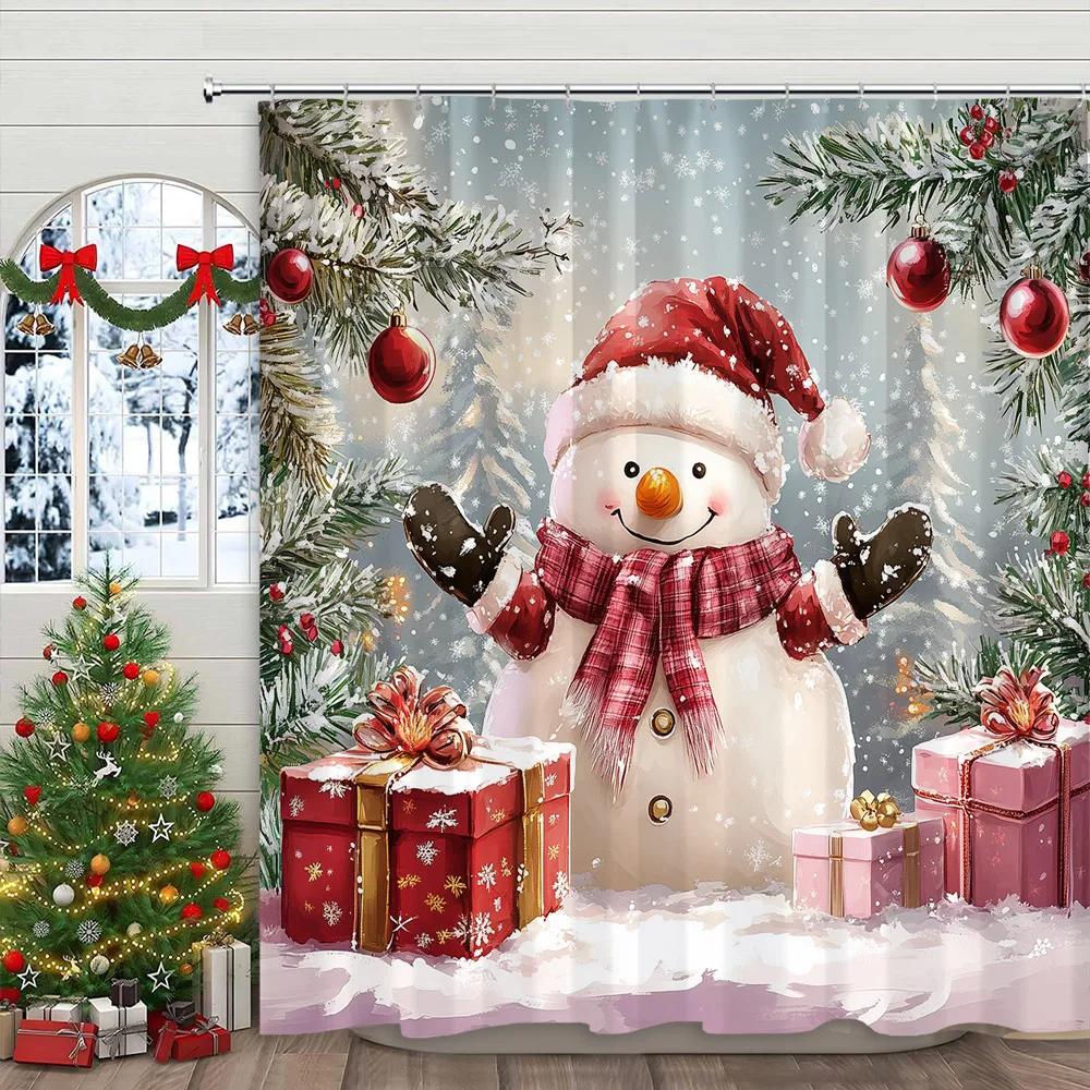 Weihnachtsmann Schneemann Duschvorhang Weihnachtsmann Weihnachtsgeschenke Schnee Aufdruck Polyester Stoff Heimdekoration Duschvorhang Mit Haken