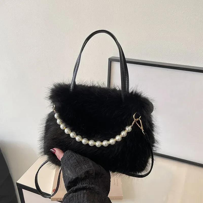 Winter Soft Faux Fur Shoulder Bags for Women Simple Pearl Chain Ladies Plush Crossbody Bags Solid Color Female Handbags Purse