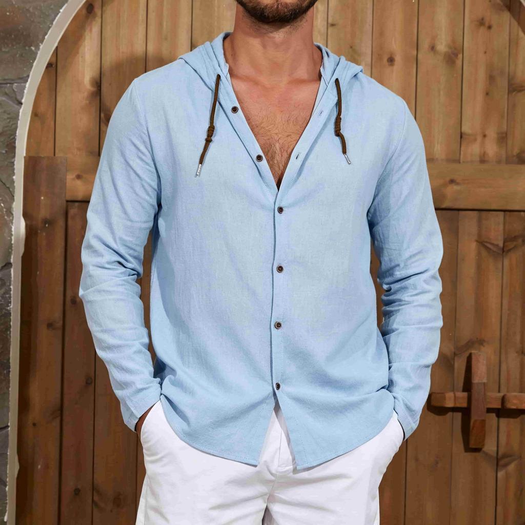 Chemise à Capuche Homme Manches Longues Boutonnée Texture Lin avec Boutons en Bois & Cordon de Serrage - Haut Léger d'Été Décontracté