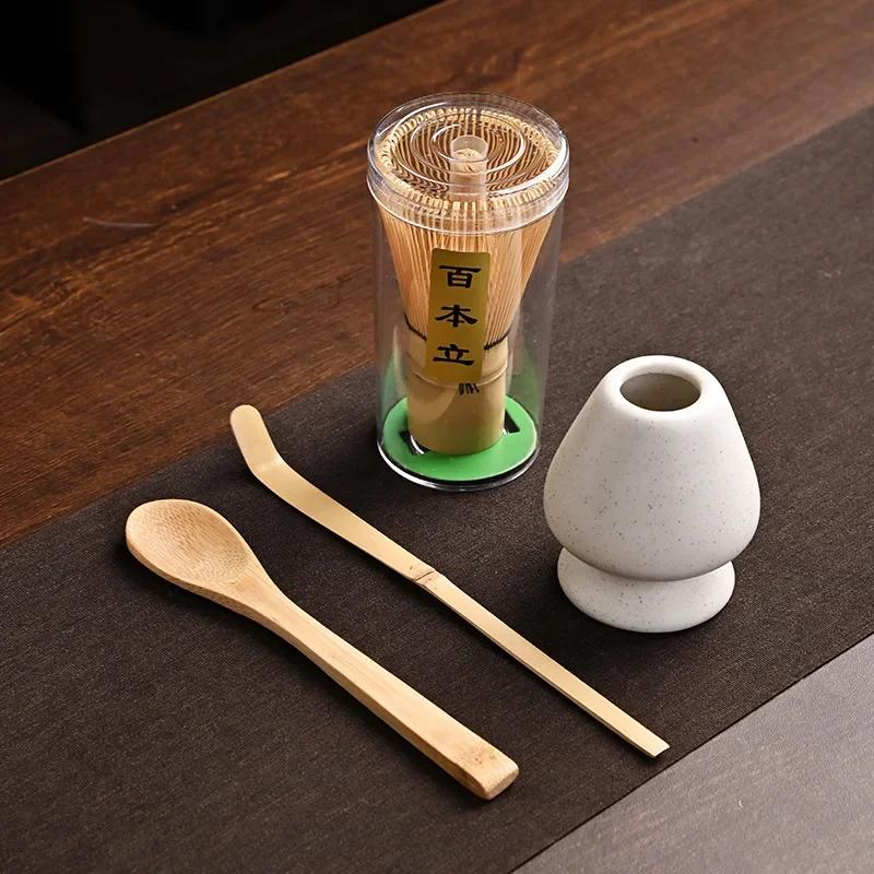 4 IN 1 Bamboo Matcha Powder Whisk Teaspoon Ceramic Bowl Tranditional Tea Matcha Whisk (Chasen)Sets Home Tea-making Accessories