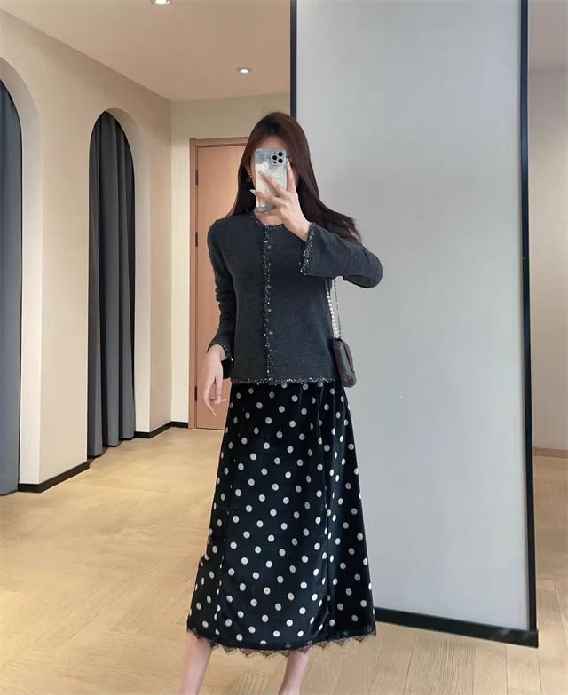 2026 New Year Women's Velvet Polka Dot A-Line Midi Skirt with Lace Hem