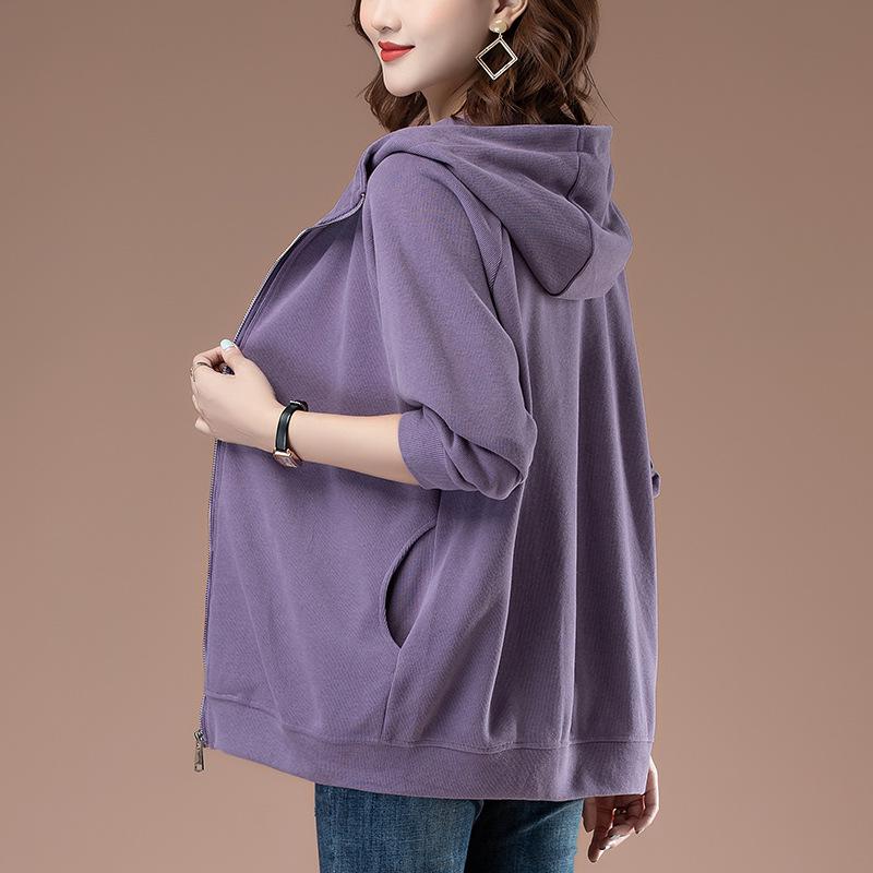 Women's Plus Size Hooded Sweatshirt - Spring/Autumn Medium-Aged Mother Loose Zipper Top with Velvet Lining