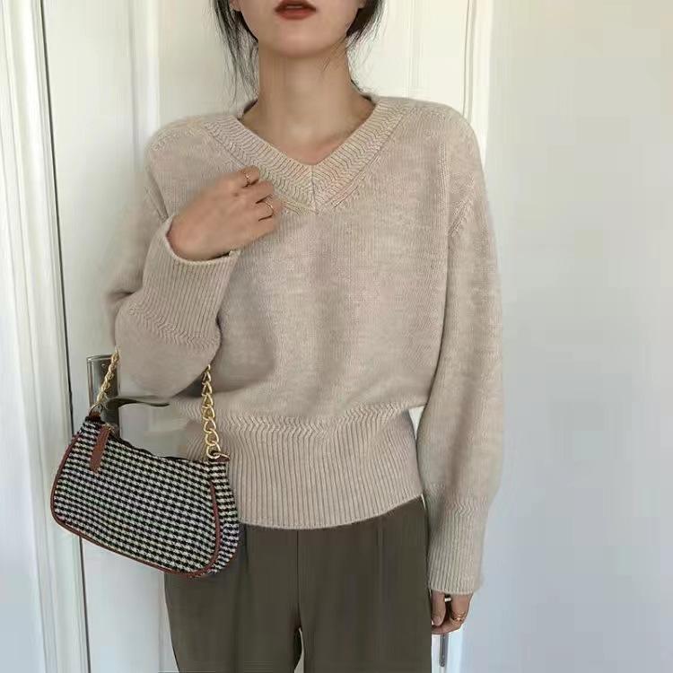 V-Ausschnitt Einfarbiger Pullover für Damen Im Herbst und Winter Koreanischer Vintage Strickpullover Lockerer und lässiger Pullover