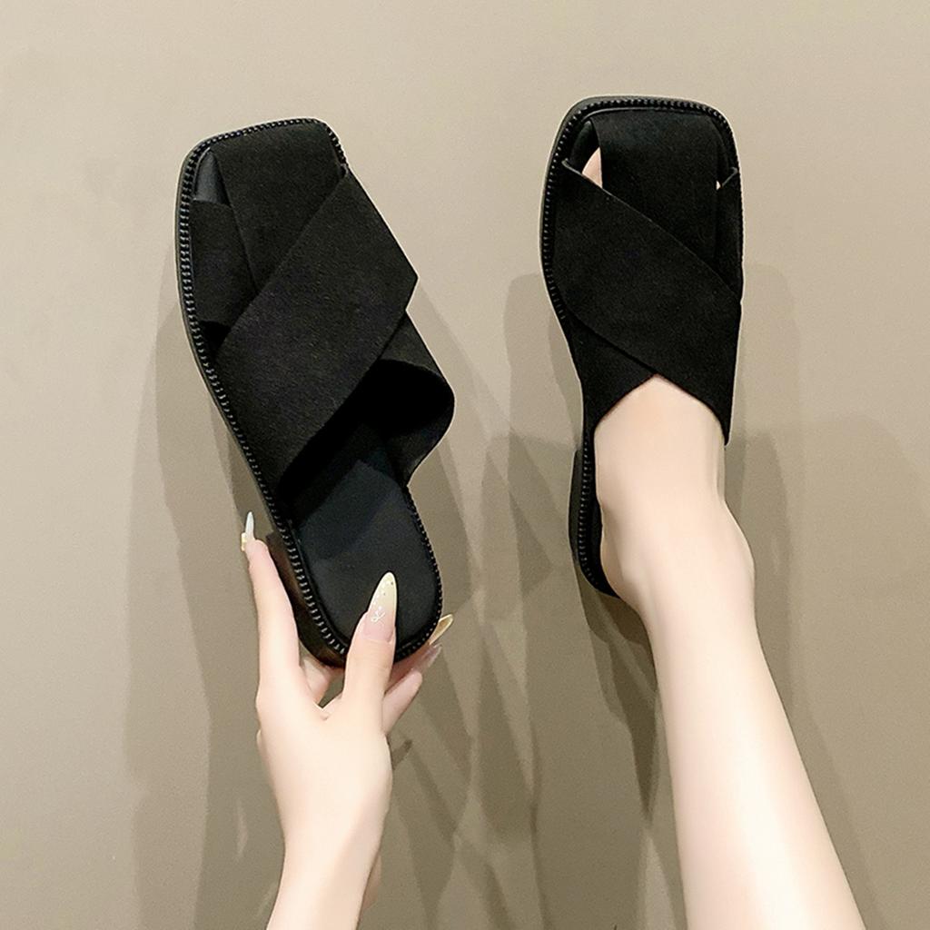 Fashion Low Female Shoes Loafers Fretwork Heels Cover Toe Womens Slippers Outdoor Slides 2025 Flat Retro Shoes Cover Toe Slippers Flat L