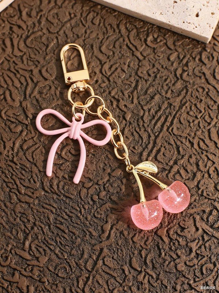 1pc Unisex Red Cherry Shaped Keychain With Fashionable Bow Pendant, Luxury Handbag Key Ring Accessory For Mother's Day Eid al Ad