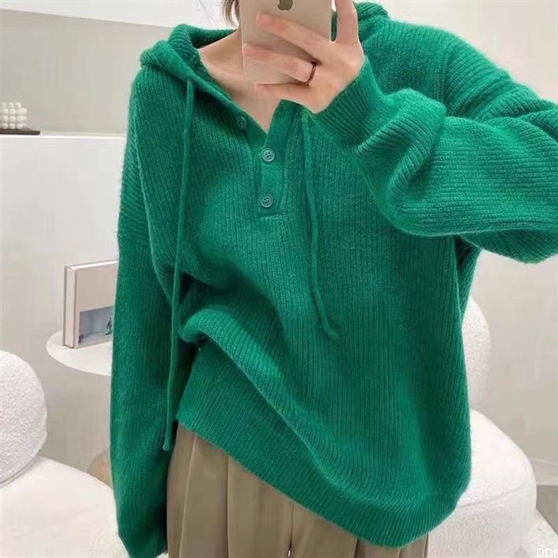 

Женский вязаный свитер с капюшоном, свободный однотонный пуловер, топ One size зелёный