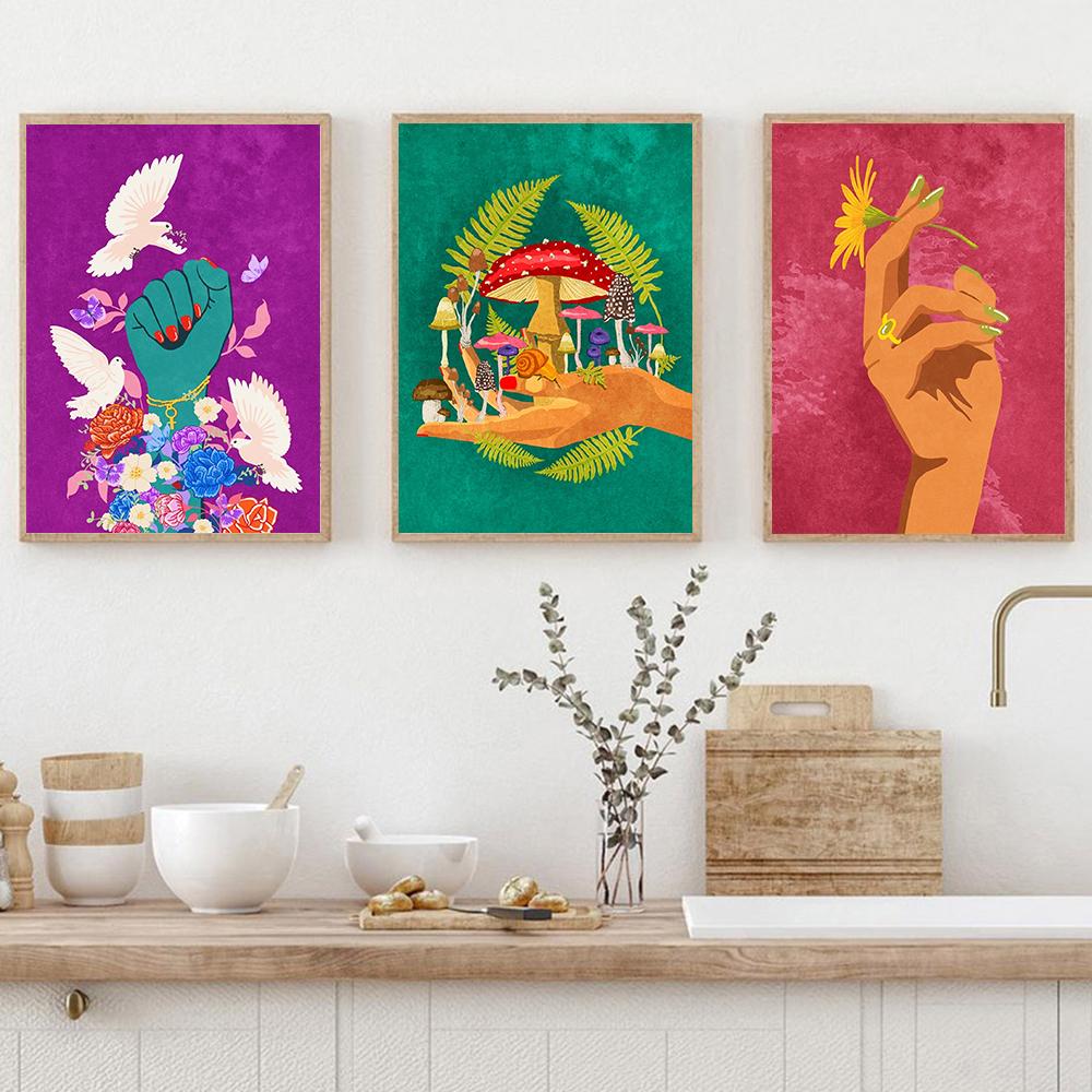 Wandbilder mit Blumen zum Tragen, Blumen rauchen, buntes abstraktes Poster und Drucke, Girl Power-Wanddekoration, Küche, Leinwandgemälde