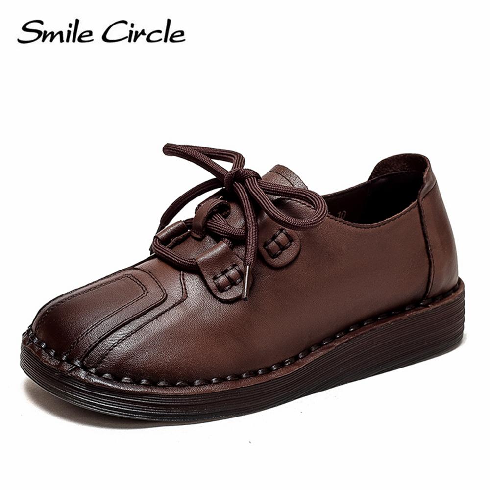 Natural Leather Women's Flat Shoes Lace-up Round Toe Casual Shoes Fashion Retro Work Shoes