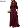 ZANZEA Women Casual Round Neck Loose 3/4 Sleeve Solid Long Dress