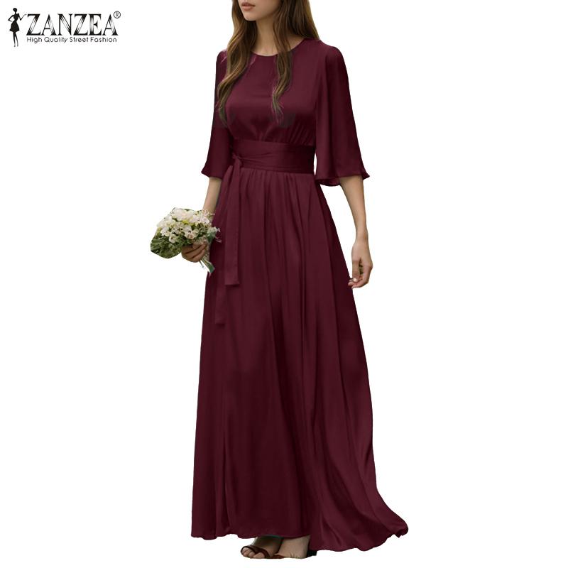 ZANZEA Women Casual Round Neck Loose 3/4 Sleeve Solid Long Dress