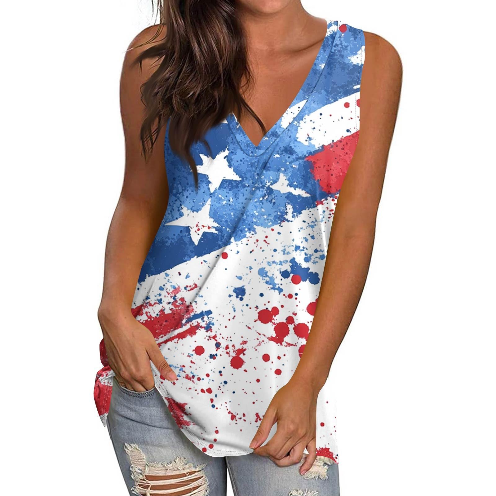 

Женская повседневная мода V-образный вырез без рукавов пуловер топ День независимости принтованный жилет футболка M