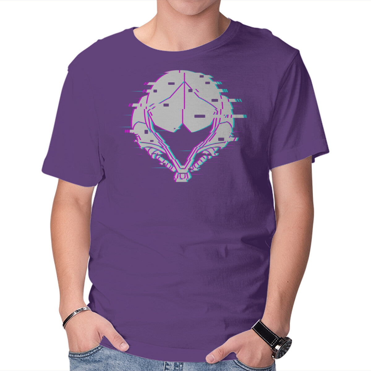 Unisex Crew Neck T-Shirt Glitch Samus Graphic Short Sleeve Casual Tee S
