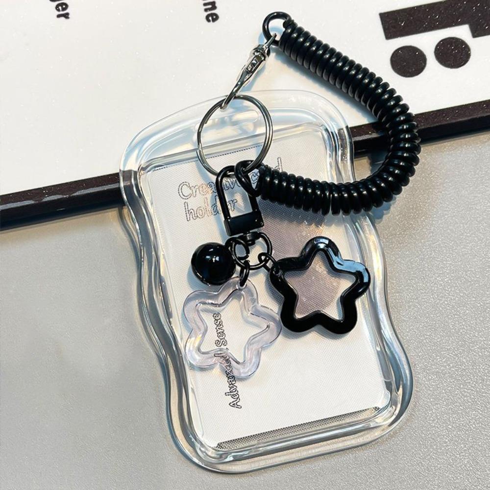 Cartoon Soft Silicone Kpop Photocard Holder Spring Rope With Star Keychain Transparent Card Holder Sliding Cover