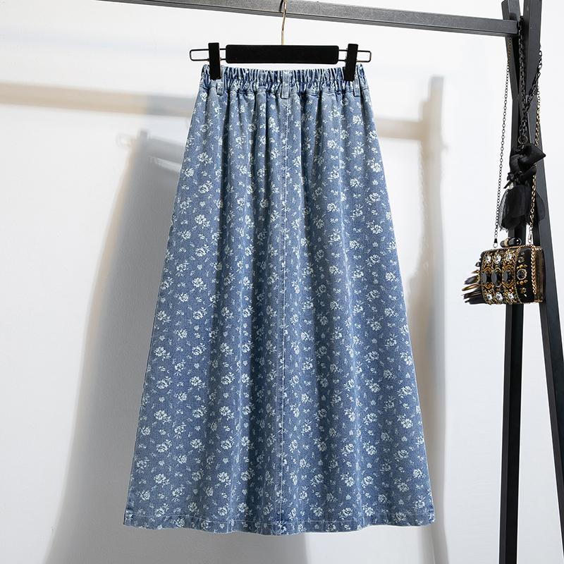 DIMANAF 2025 Übergröße Herbst Winter Damen Lange Röcke Elastischer Bund Unterteile Übergröße Druck Floral Blau Denim