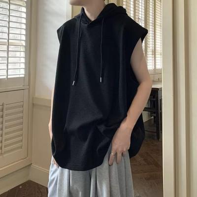Men Summer T-shirt Vest Comfortable Fit One Tone Hooded Drawstring Pullover Mid Length Everyday Sleeveless Breathable Men Tank Top