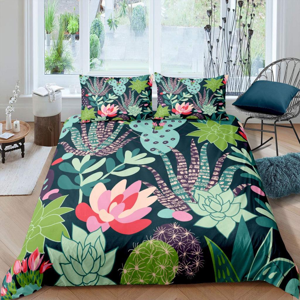Bright Cactus Duvet Cover Set Full Queen For Girls Boys Green Plants Succulents Bedding Set Nature Art Soft Chic Comforter Cover