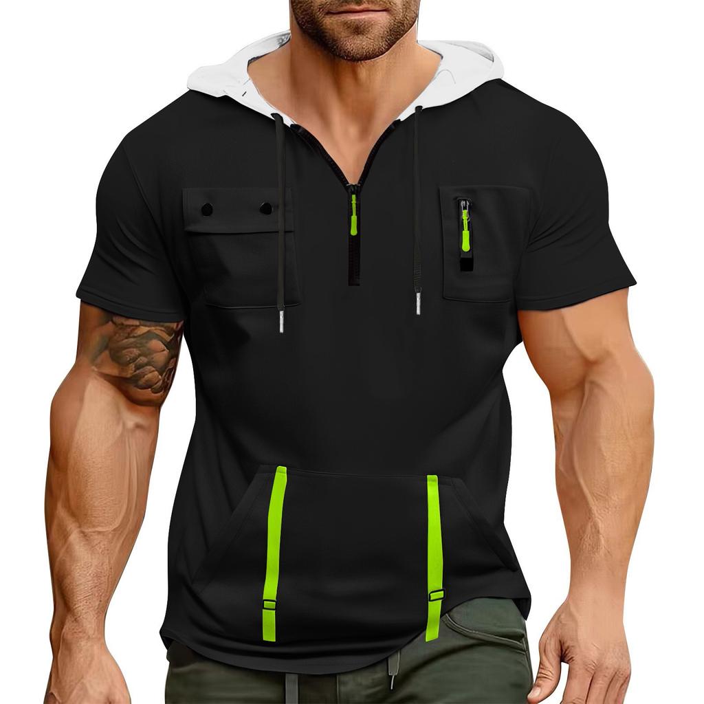 Men's Summer Shirt Zipper Pocket Short Sleeve Hooded Sweatshirt Men's Sports Large Size Casual Sweatshirt