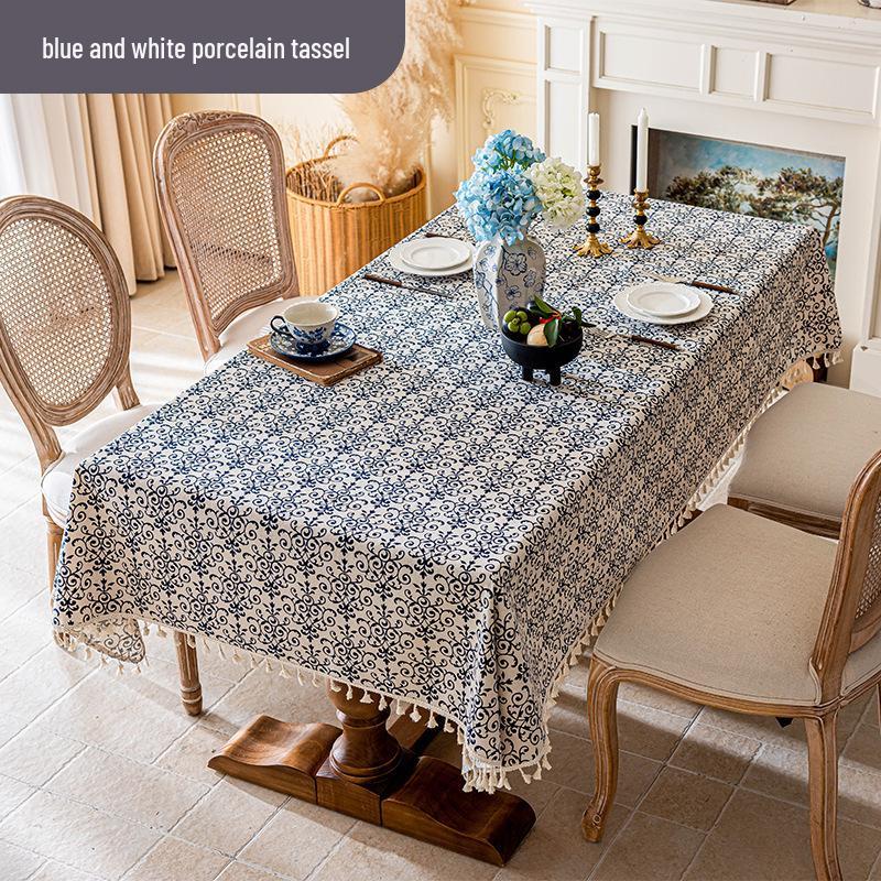Blue & White Porcelain Retro Cotton Linen Tablecloth with Yellow Tassels