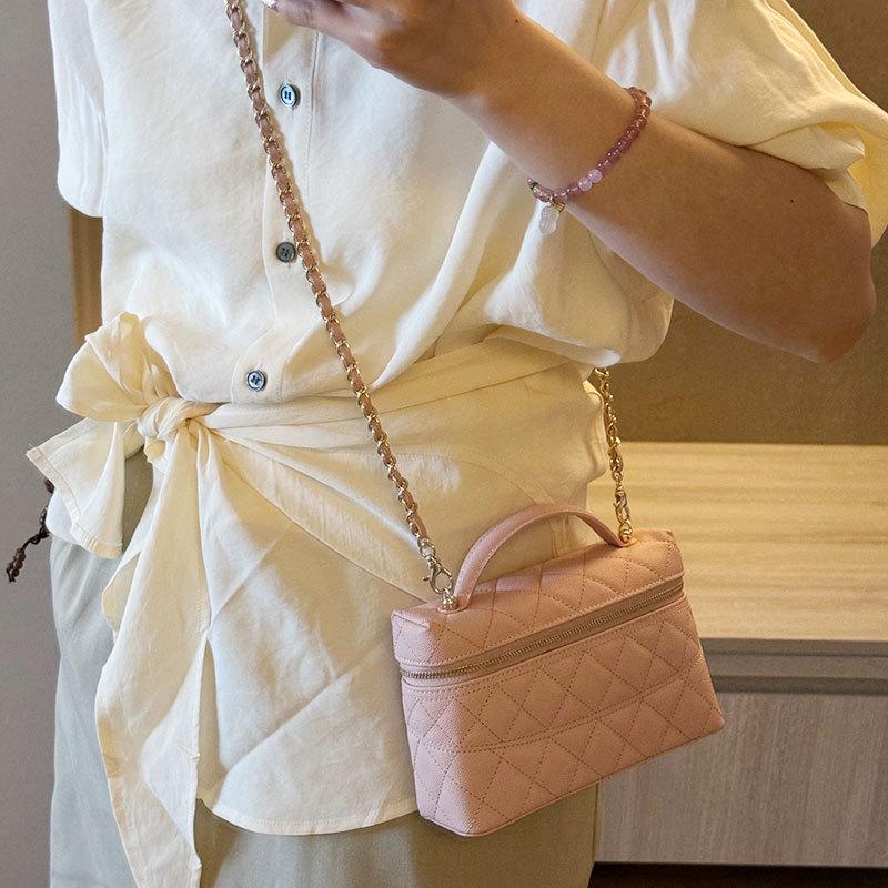 Mini caviar cowhide box bag women's leather chain crossbody small bag lunch box bag