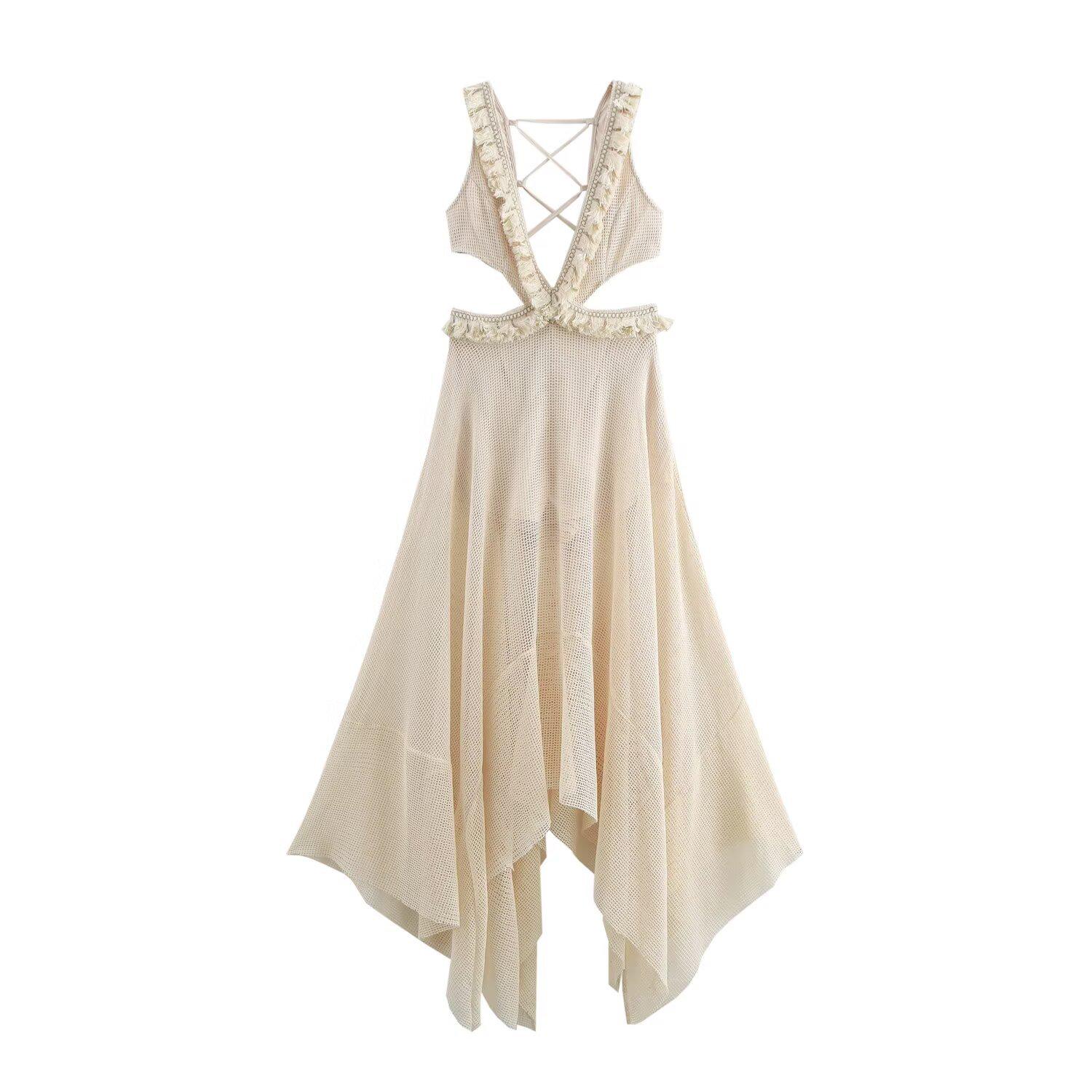 

2025 Весна Женское Европейский и Американский Стиль Сексуальное Платье с Глубоким V-вырезом и Необычным Вырезом Medium грязно-белый